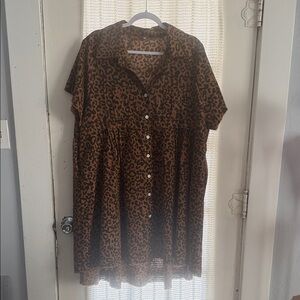 Brown Corduroy Leopard Print Button-Up Dress - 2XL